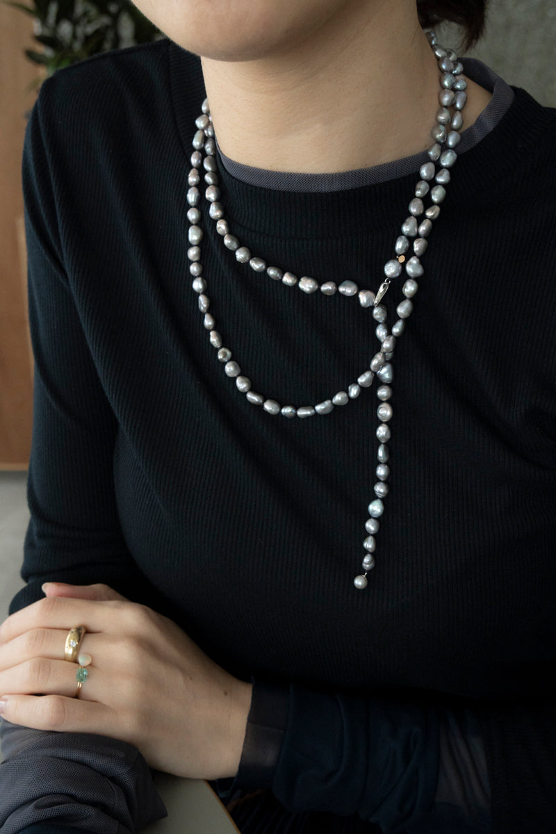 bohem Fresh Pearl Baroque Long Necklace Navy