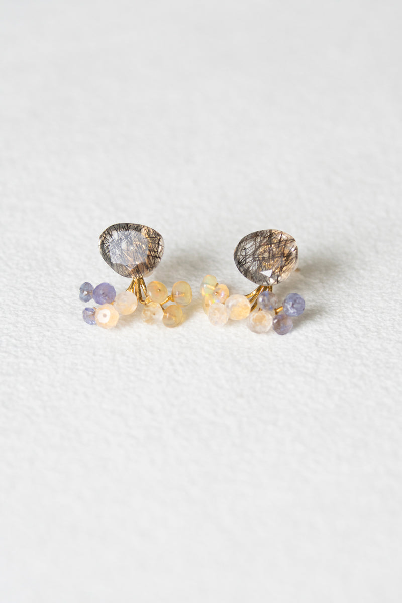 bohem Fairy Earrings Black rutile quartz*opal pierced earrings