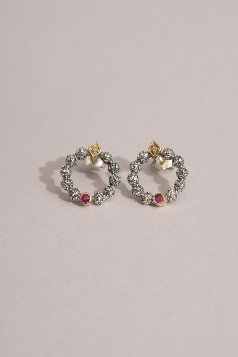 Gerochristo Garden Shadows Circle Stud Earrings Ruby /SV&K18