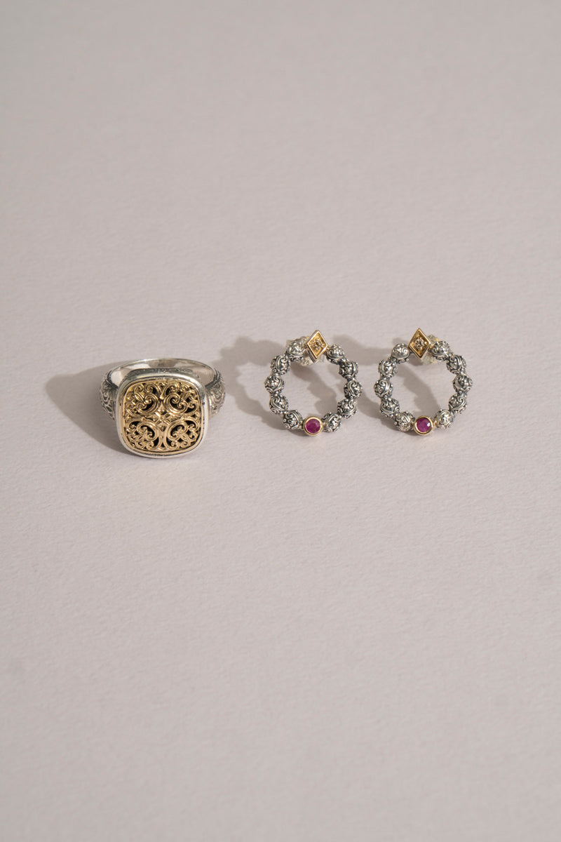 Gerochristo Garden Shadows Circle Stud Earrings Ruby /SV&K18