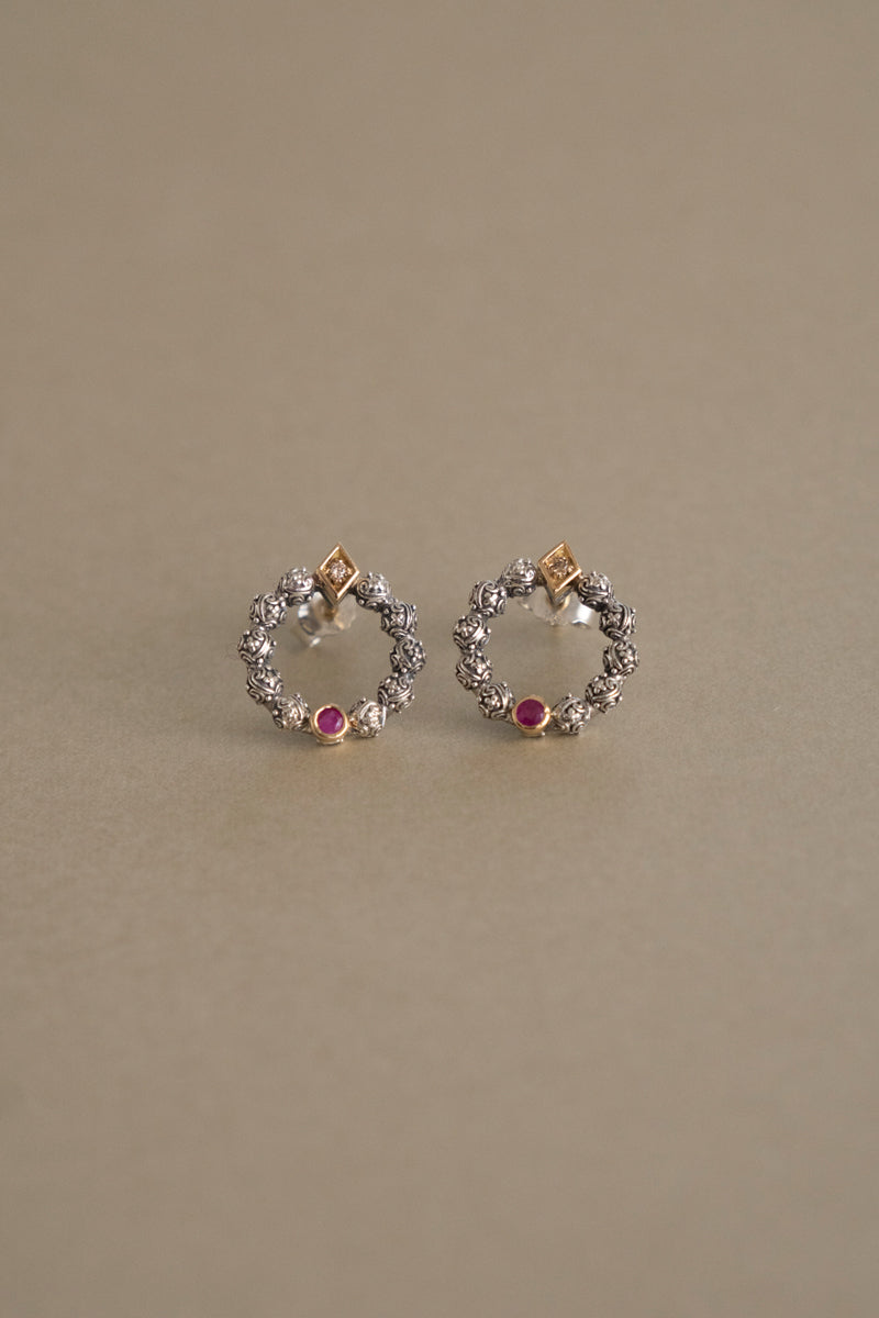 Gerochristo Garden Shadows Circle Stud Earrings Ruby /SV&K18