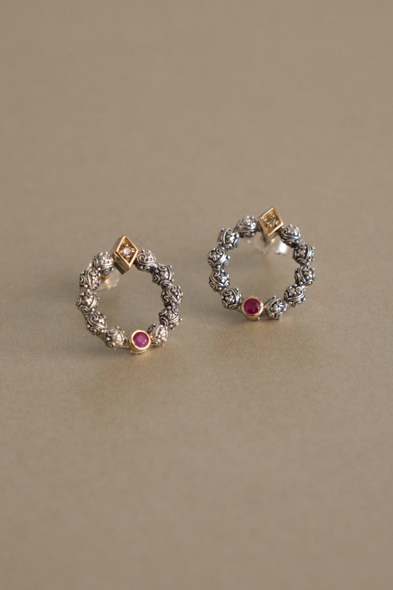 Gerochristo Garden Shadows Circle Stud Earrings Ruby /SV&K18