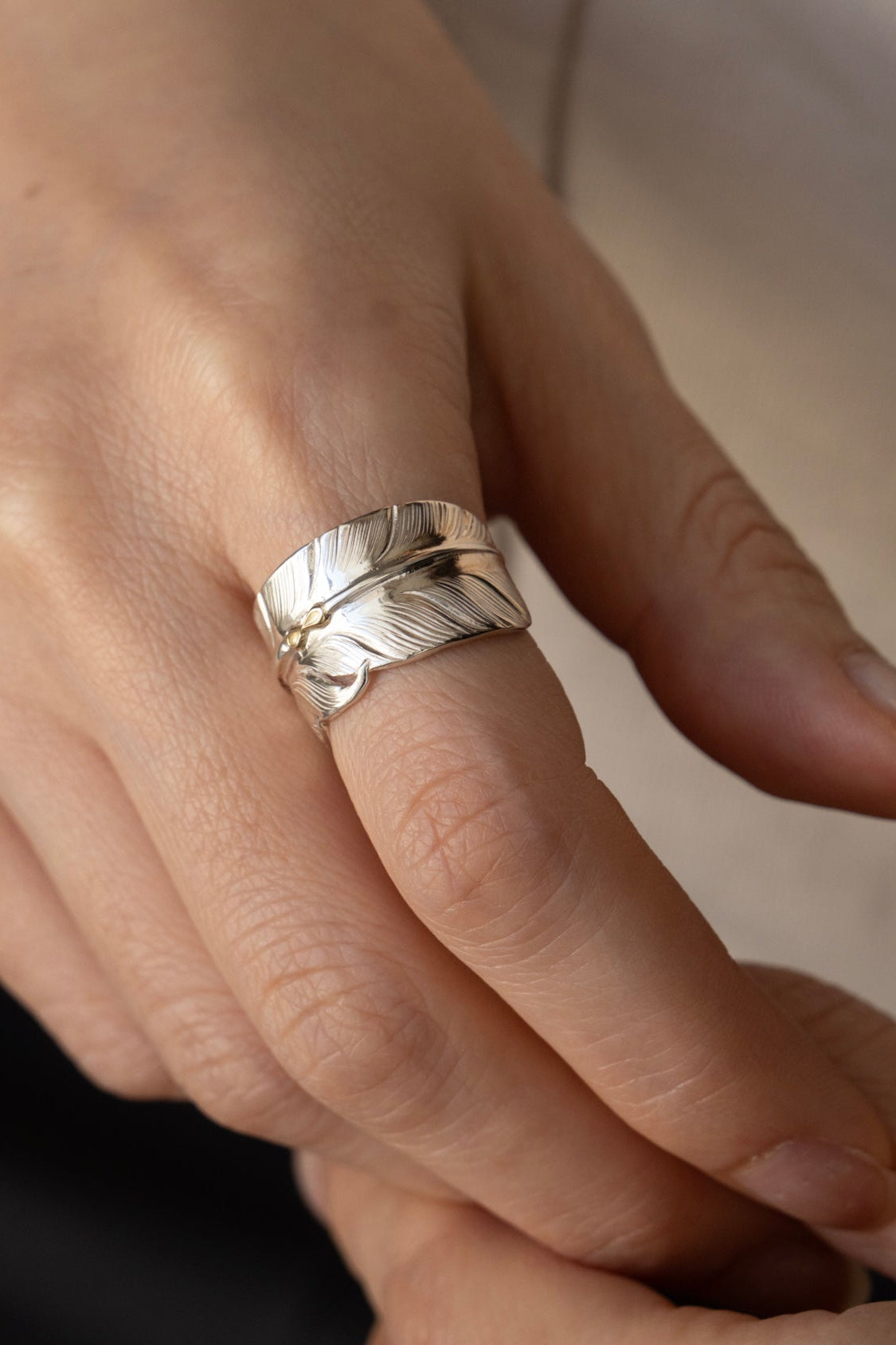 WAKAN SILVER SMITH K18 Mark Feather Stamp Ring /Silver