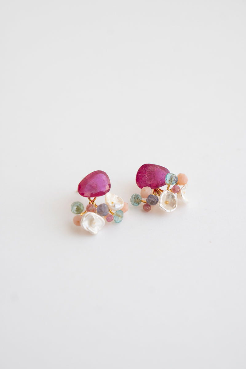 bohem Fairy Earrings Ruby Pearl Mix Pierced Earrings